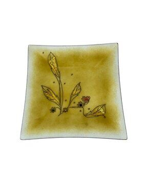Gerte Hacker Yellow Gold Foil Copper Enamel Tray Dish Mid Century Vintage 1960s